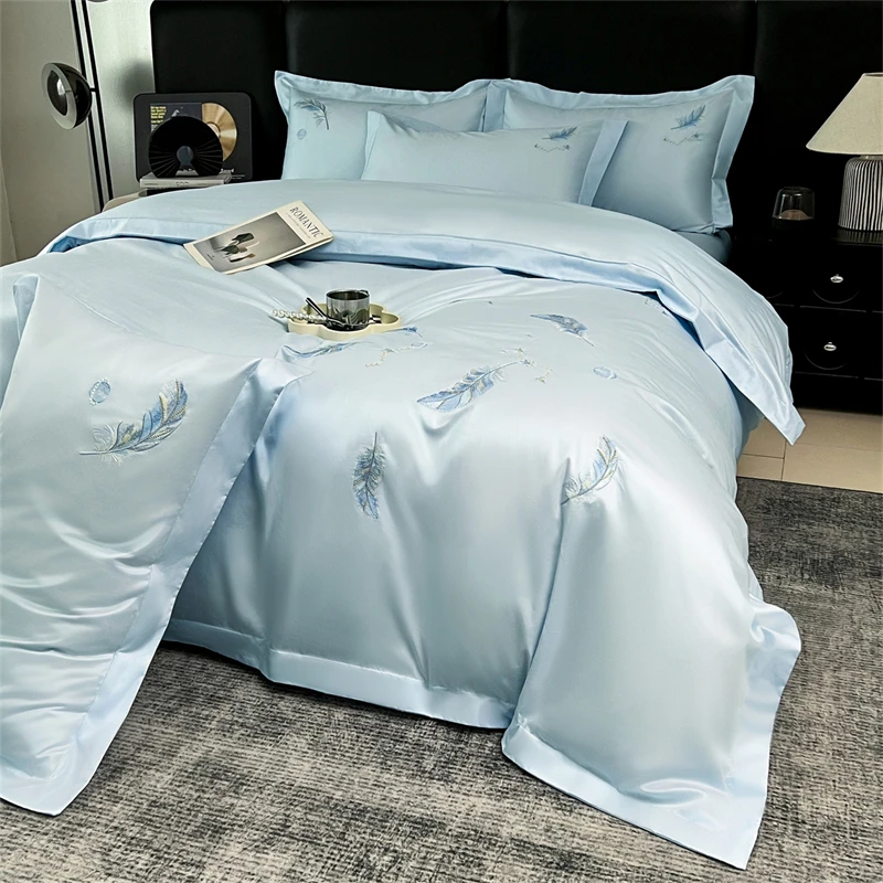 100% Cotton Bedding Set - Luxury Feather Embroidery Solid Color Duvet Cover Set, Bed Sheets Pillowcases for Queen King Size 4Pcs