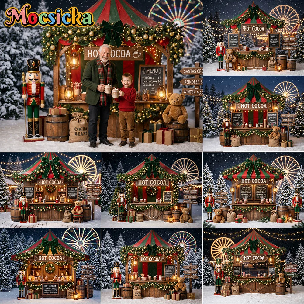 Mocsicka Hot Cocoa Stand Christmas Photography Backdrop Nutcracker Ferris Wheel Snow Kids Xmas Party Portrait Photo Background