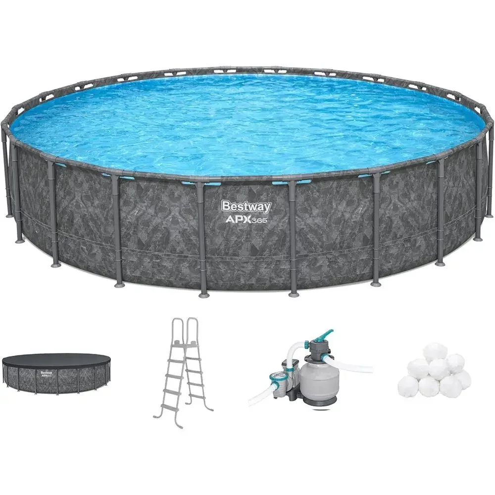 Round Above Ground Swimming Pool Set with Sand Filter Pump, Ladder, and Cover, 22' x 52, Marble Color