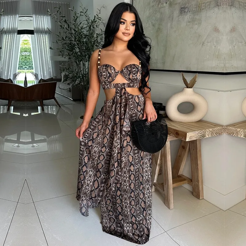 KEXU Mulheres Leopared Sem Mangas Alça Backless Strapless Cut Out Maxi Vestido Longo 2025 Praia Férias Vestidos de Festa Sexy