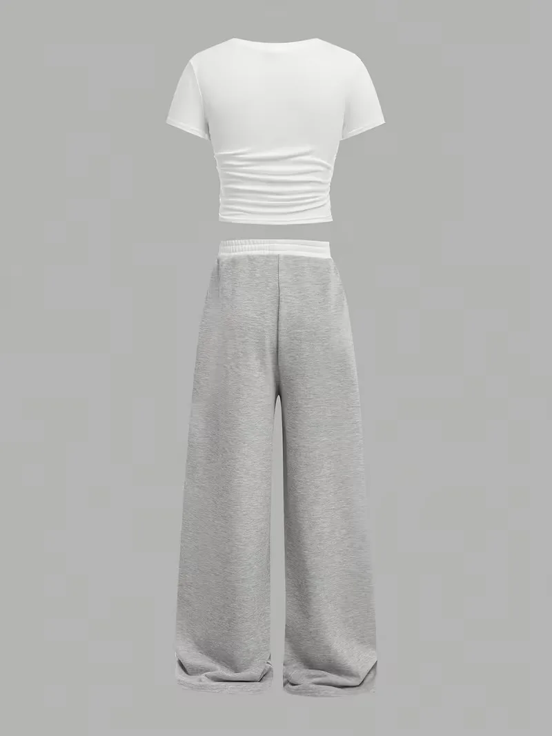 Zweiteiliges Hosen-Set für Mädchen mit Sternenmuster, weißes gerafftes Crop-Top und graue Hose mit weitem Bein, süßes, lässiges Outfit – Detail 3