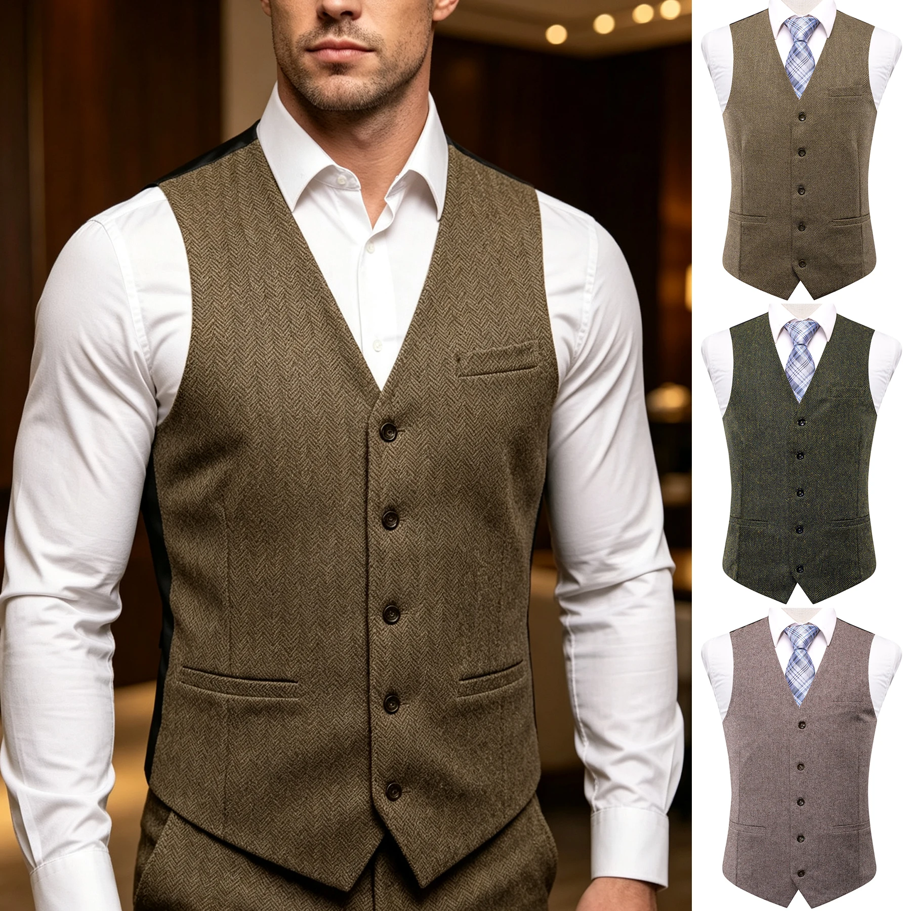 Men Linen Formal Wear - Men's Imitation Wool-Linen Brownish Dark Green