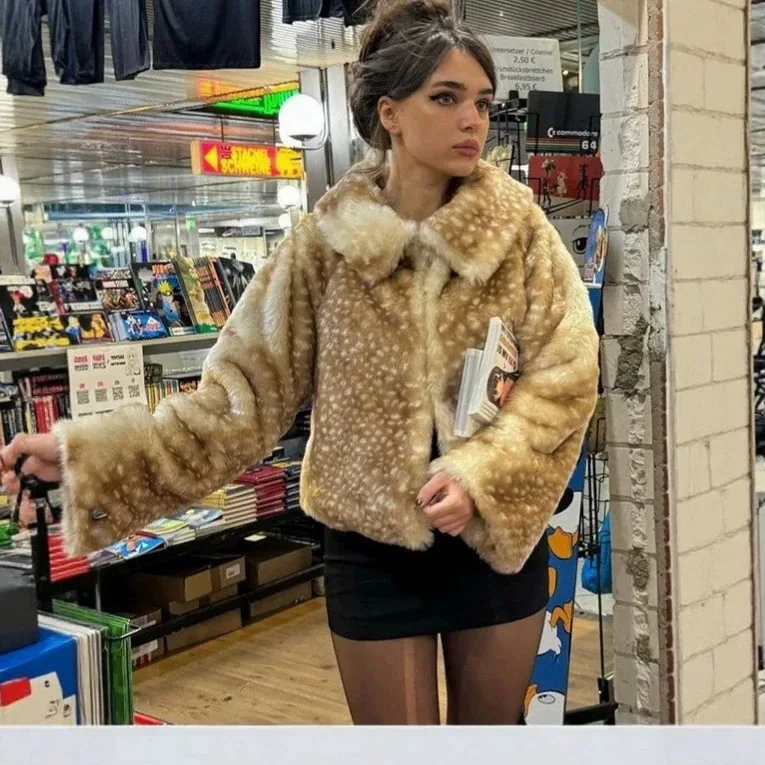 Women Faux Fur Short Coats Fawn Print Jackets Turn Down Collar Coat Zipper Thick Warm Y2k Streetwear Elegant Cute Autumn Winter