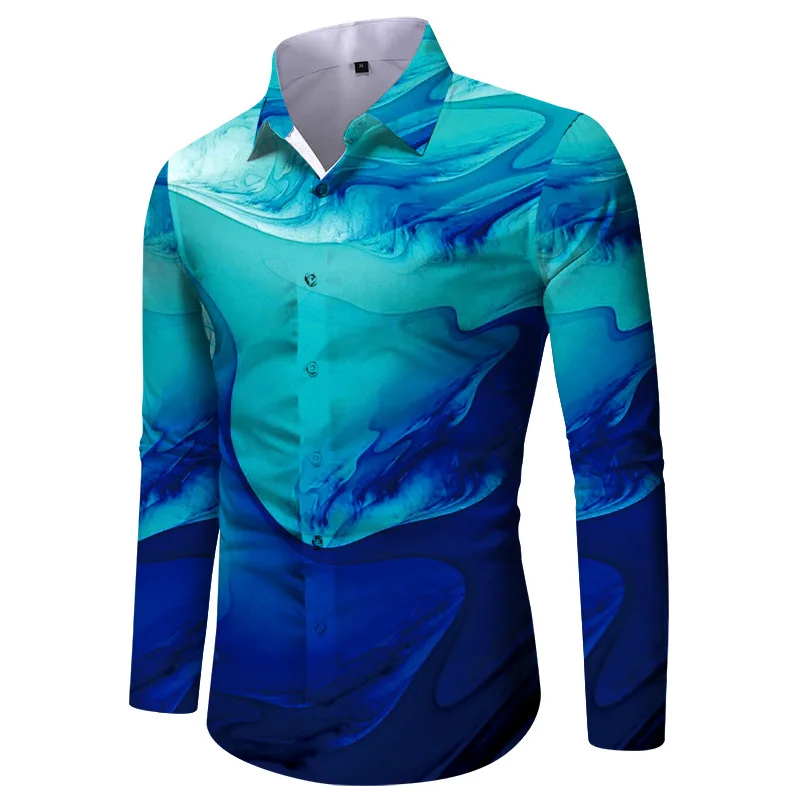Fashionable 3D printed colorful design art pattern men's slim fit casual summer collar button comfortable long sleeved shirt