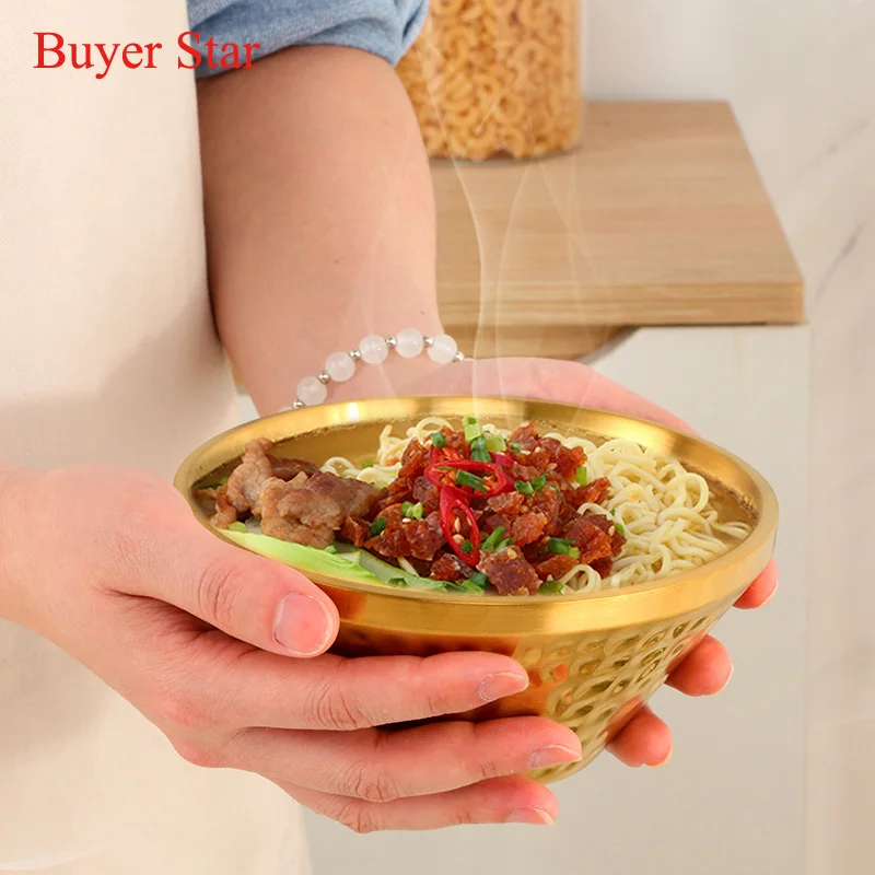 1/2PCS Creative Stainless Steel Salad Ramen Noodles Bowl Korean Tableware Soup Fruit Golden Bowls Double Layer Kitchen Utensils