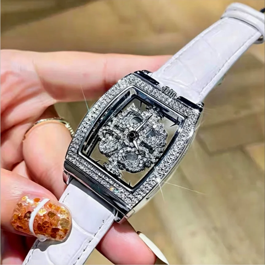 New Fashion Luxury Woman Tonneau Leather Watch Women Rhinestone Transparent Back Quartz Rotatable Watch Ladies Wrist Watch Gifts