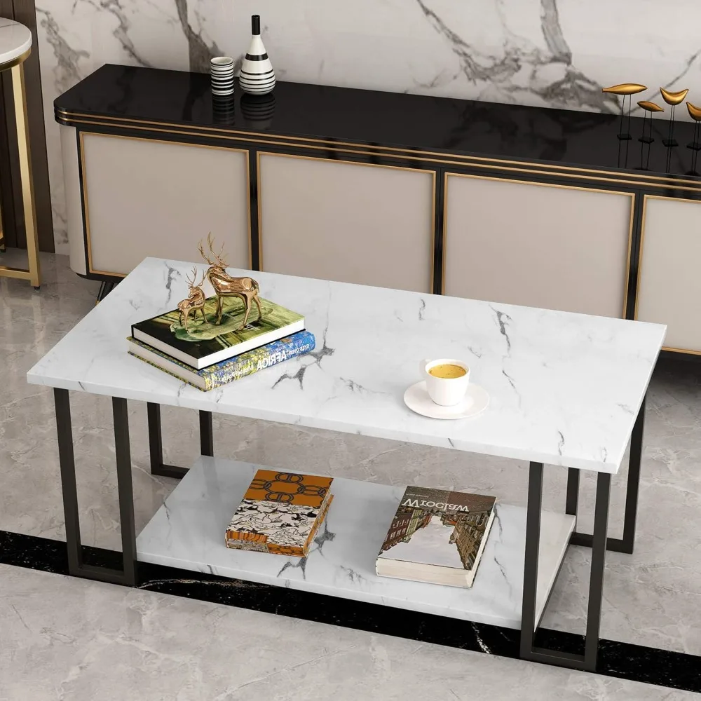 Coffee Table, Black Base for Living Room-Faux Marble Rectangle Tabletop, 2 Layers, 39.4''L 20''W 18''D glass table