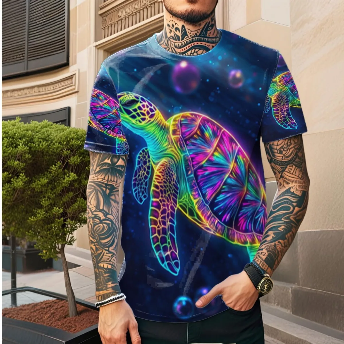 سلحفاة السباحة مع فقاعات حولها الرقبة والرأس 2025 وصول جديد أزياء رجالية قصيرة عشية في جميع أنحاء