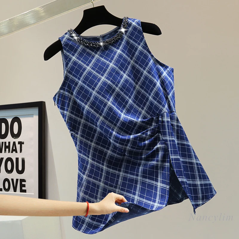 Retro Plaid Irregular Sleeveless Doll Shirt Woman 2024 Summer Slimming Diamond-Embedded Beaded Round Neck Pullover Blouse Tops