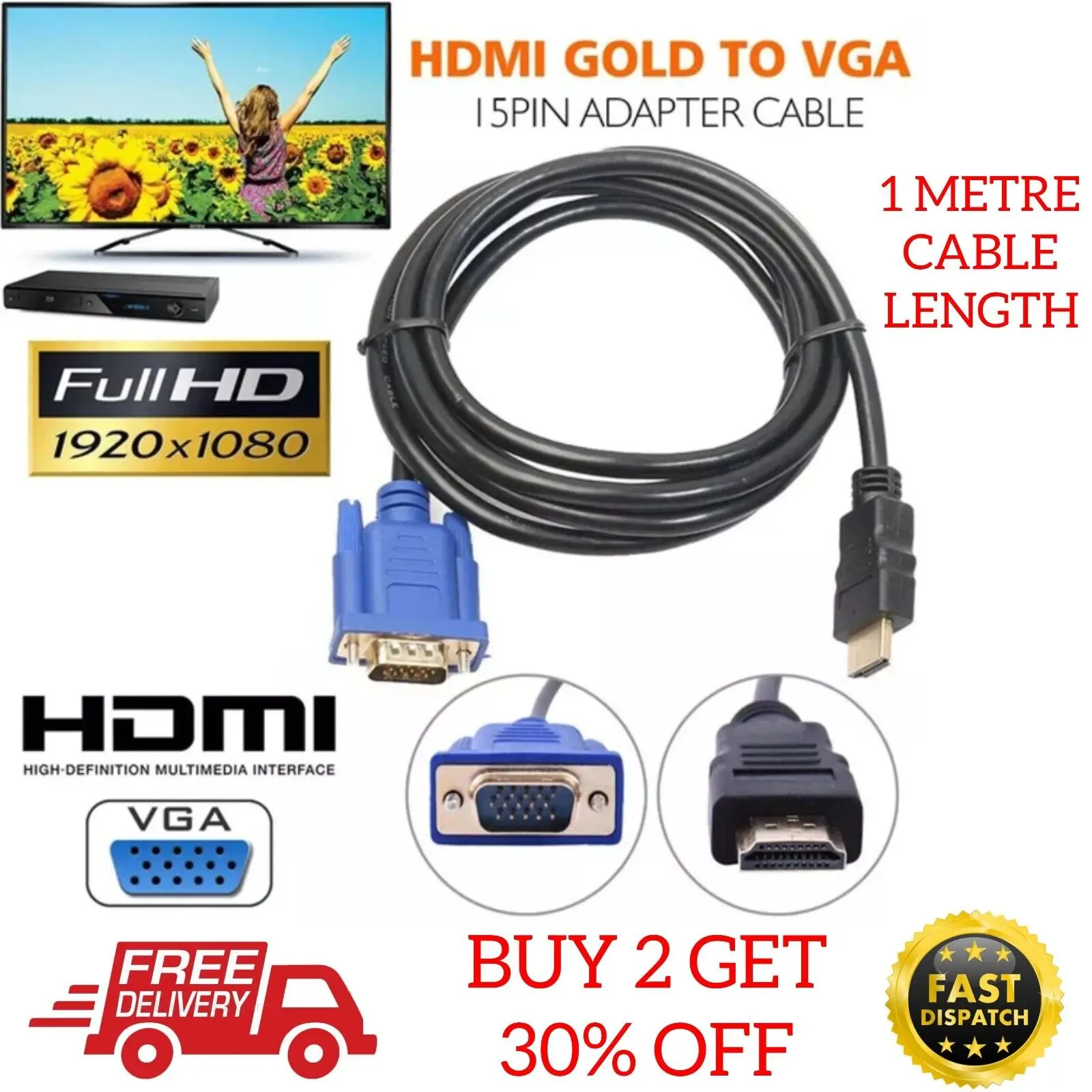 High-Definition D-Sub Connector 1 Metre Plug-And-Play Tv Monitor Versatile Hdmi To Vga Adapter For Tv Computer Monitor