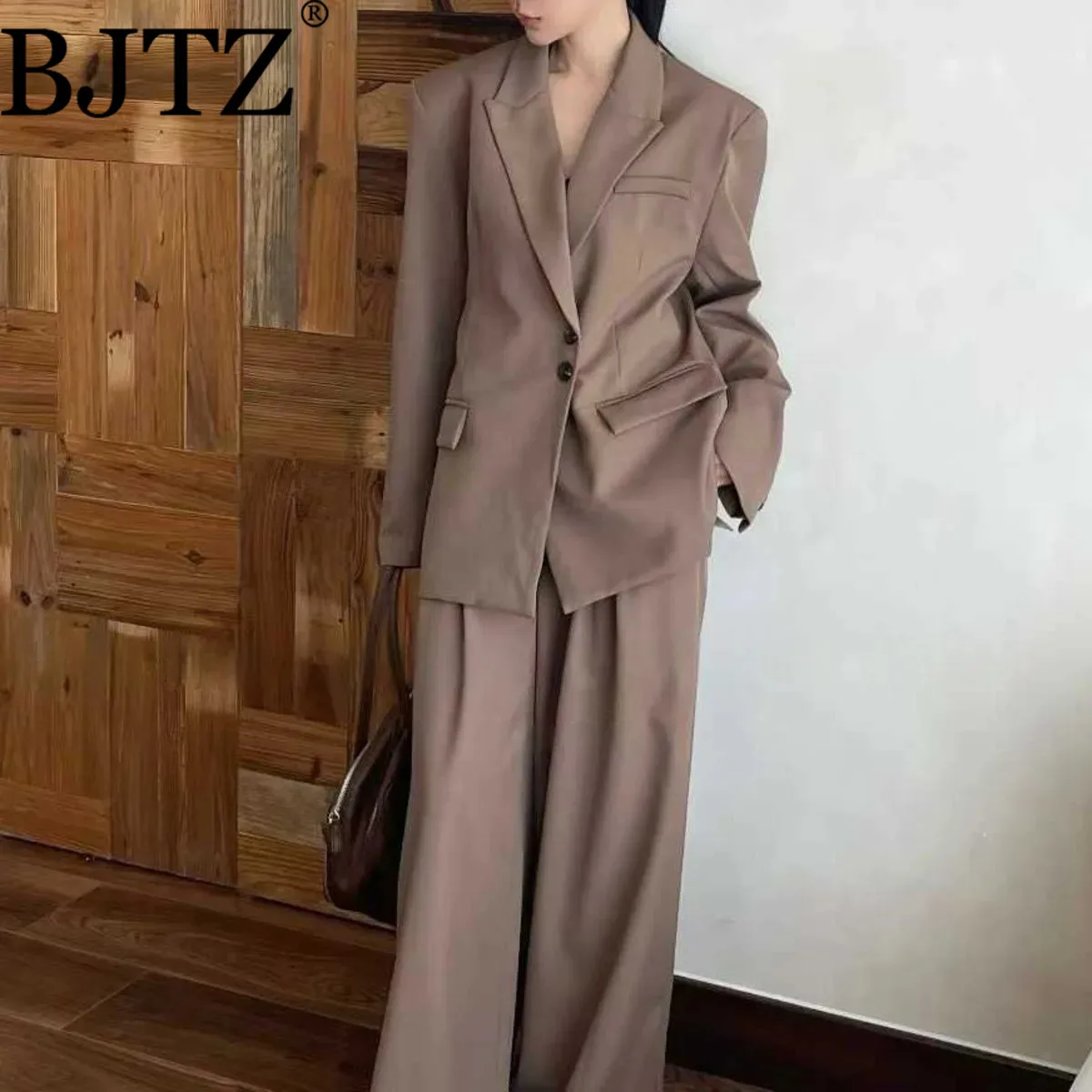 

BJTZ Solid Color Fashion Blazer Jacket And Pants Two Piece Set For Woman 2025 New Trend Office Lady Chic Button Design Sets