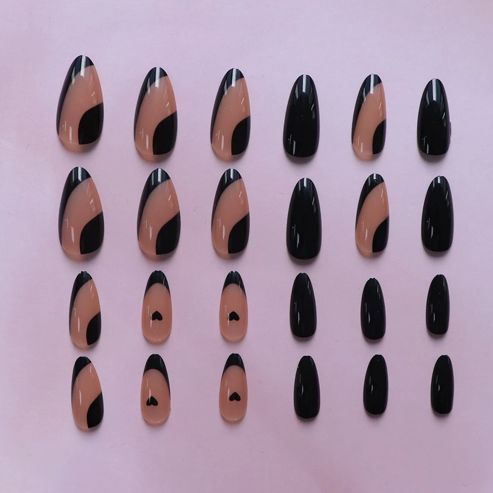 24szt Press on Nails Medium Almond Shaped Light black French Press On Nails Heart Design French Tip Press on Nails