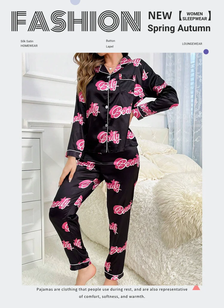 Niedlicher Pyjama mit Katzenmuster für Damen, Satin, langärmelig, Reverskragen, Oberteile und Hosen, Pyjama-Loungewear für Herbst, Damen-Nachtwäsche, Pyjama-Sets – Detail 1