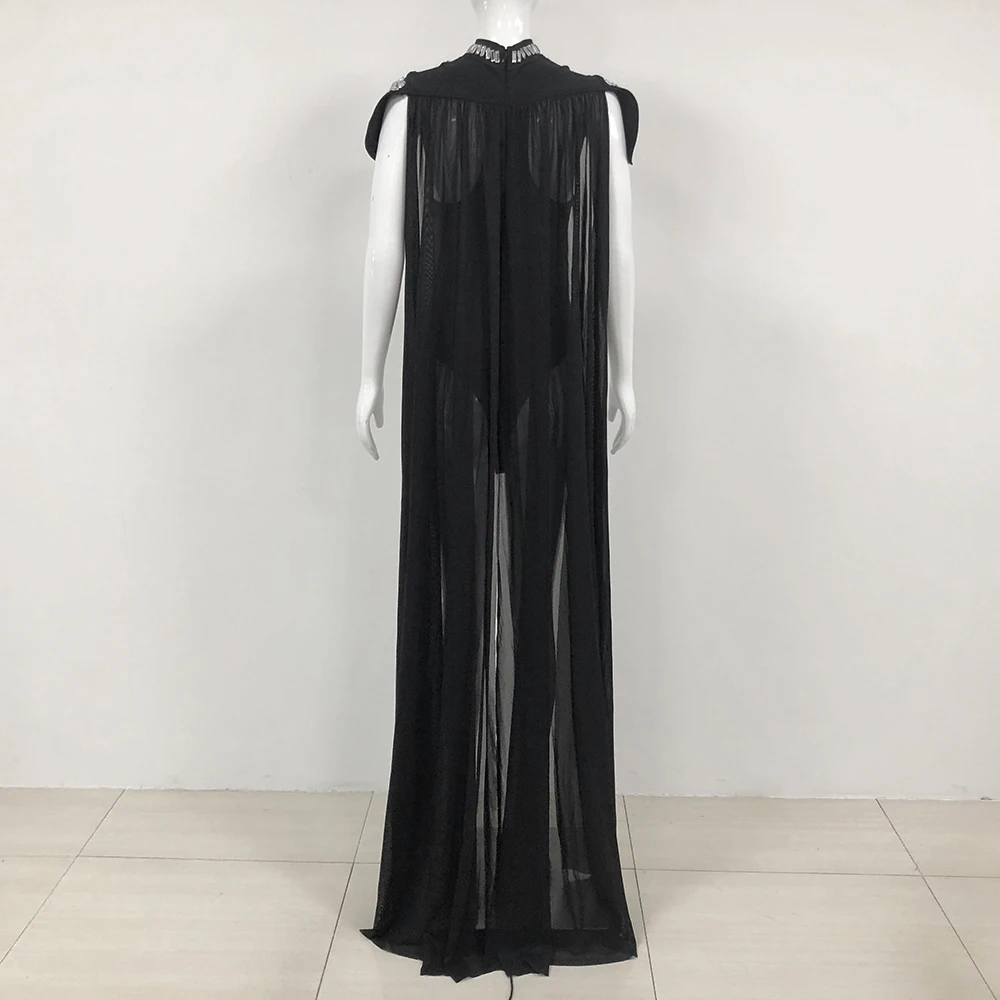 Fashion Design Luxury Diamonds Long Orthopedic Shawl Sleeveless Black Jumpsuit Woman Club Party Dress Stage Performance Costume