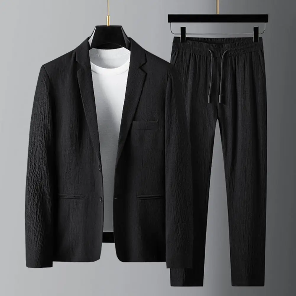 

2Pcs Men Blazer Pants Set Spring Fashion Suit Stripe Pleats Long Sleeve Turndown Collar Blazer Pants Stripe Pleats