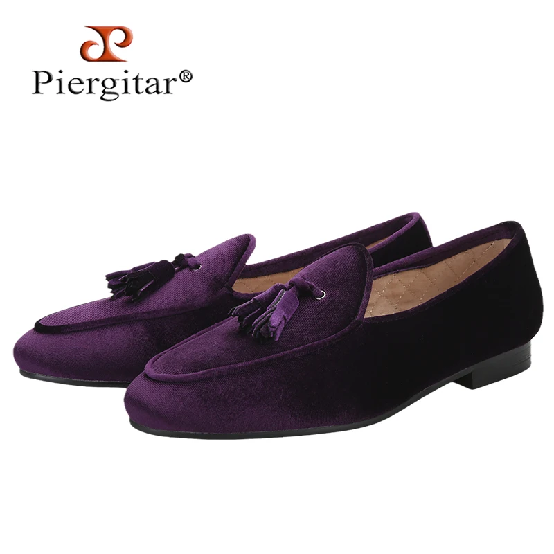 Piergitar Italian Classic Style Two Colors Velvet Slip-On Loafers With Match Tassels Handmade Men's Smoking Slippers Plus Size