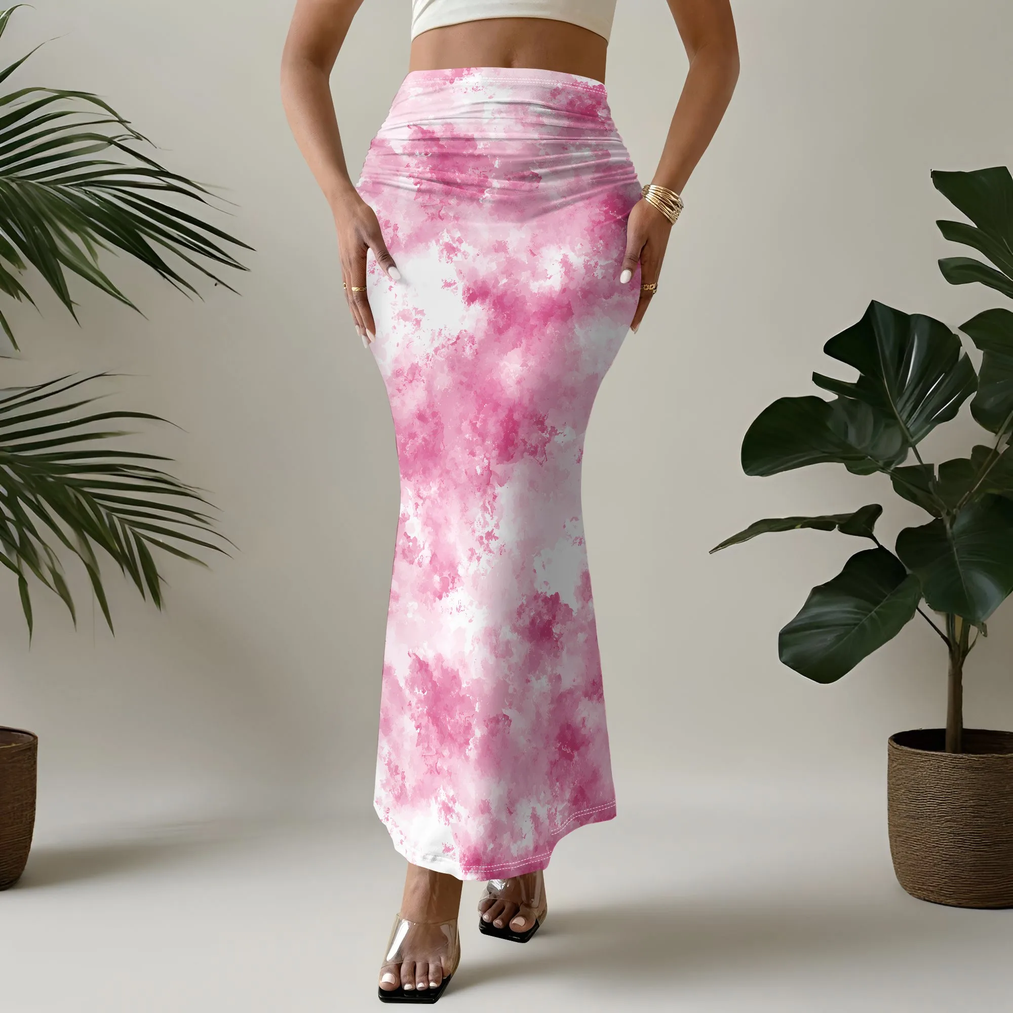 Falda Tie Dye Rosa, Falda Sirena de Cintura Alta para Mujer, Falda Larga Elástica para Fiesta en la Playa de Verano, Tallas S-3XL