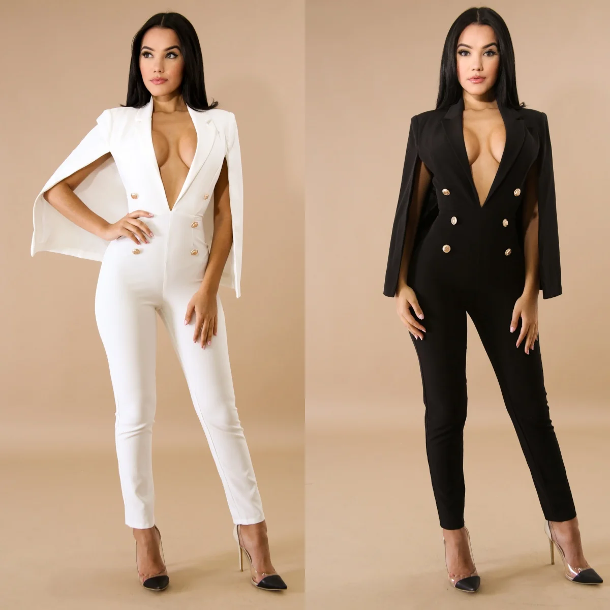 

Женский сексуальный комбинезон с накидкой, комбинезон с глубоким V-образным вырезом, брючный костюм без рукавов, цельнокроеный комбинезон, коктейльный Повседневный вечерний комбинезон