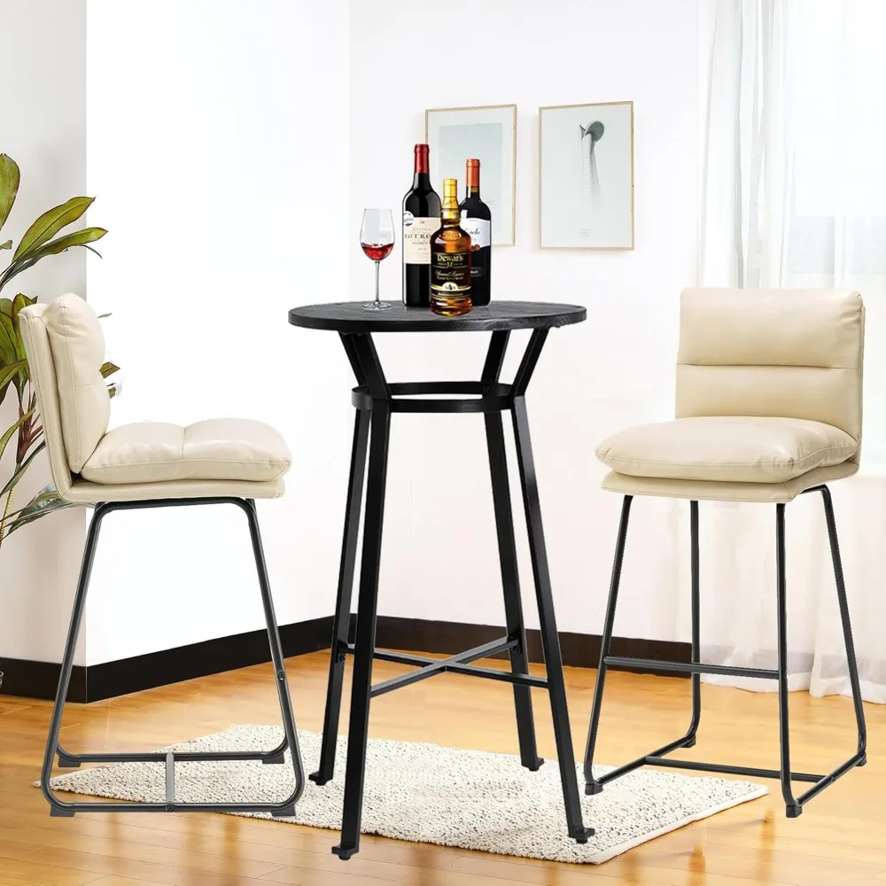 Bar Table and Chairs Dining Set, Black Steel Round Bars Table with Soild Elm Wood Top and White Leatherette Bars Stools for Bar