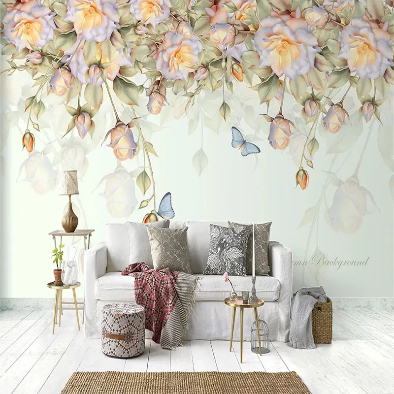 

Настенное панно в европейском стиле с розами и бабочками, расписанное вручную, цветочные обои, художественный фон для дивана, стены с телевизором, декора гостиной и спальни