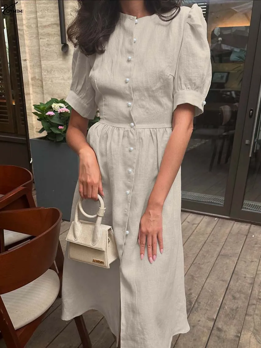 Oymimi Elegant Khaki Cotton Dresses 2025 Woman Autumn O-Neck Short Sleeve Single Breasted Dresses Fashion Lace-Up Mid-Calf Dress
