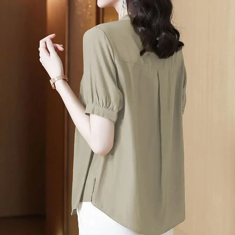 Women Clothing Vintage Loose Blouse Summer Short Sleeve O-neck Solid All-match Office Shirt Tops Casual Fashion Women Clothing