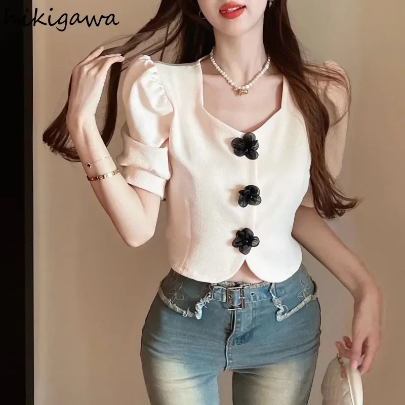 2024 Blusas Mujer De Moda Summer Women Shirts Beading 3D Floral Short Sleeve Blouses Tunic Square Collar Sweet Blouse Crop Tops