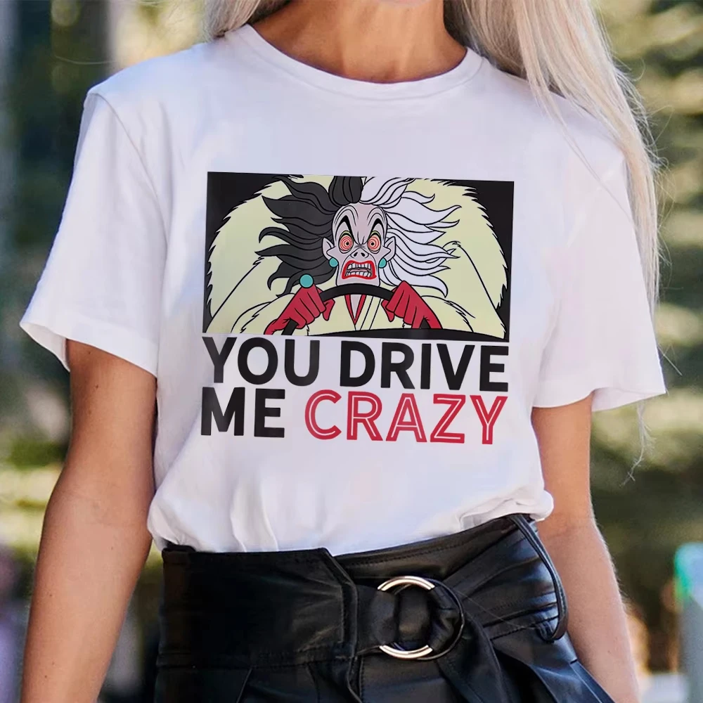Moda Disney Crudelia De Vil Drive Me Crazy T-shirt stampate grafiche Harajuku Donna Casual Manica corta Streetwear Top Tees