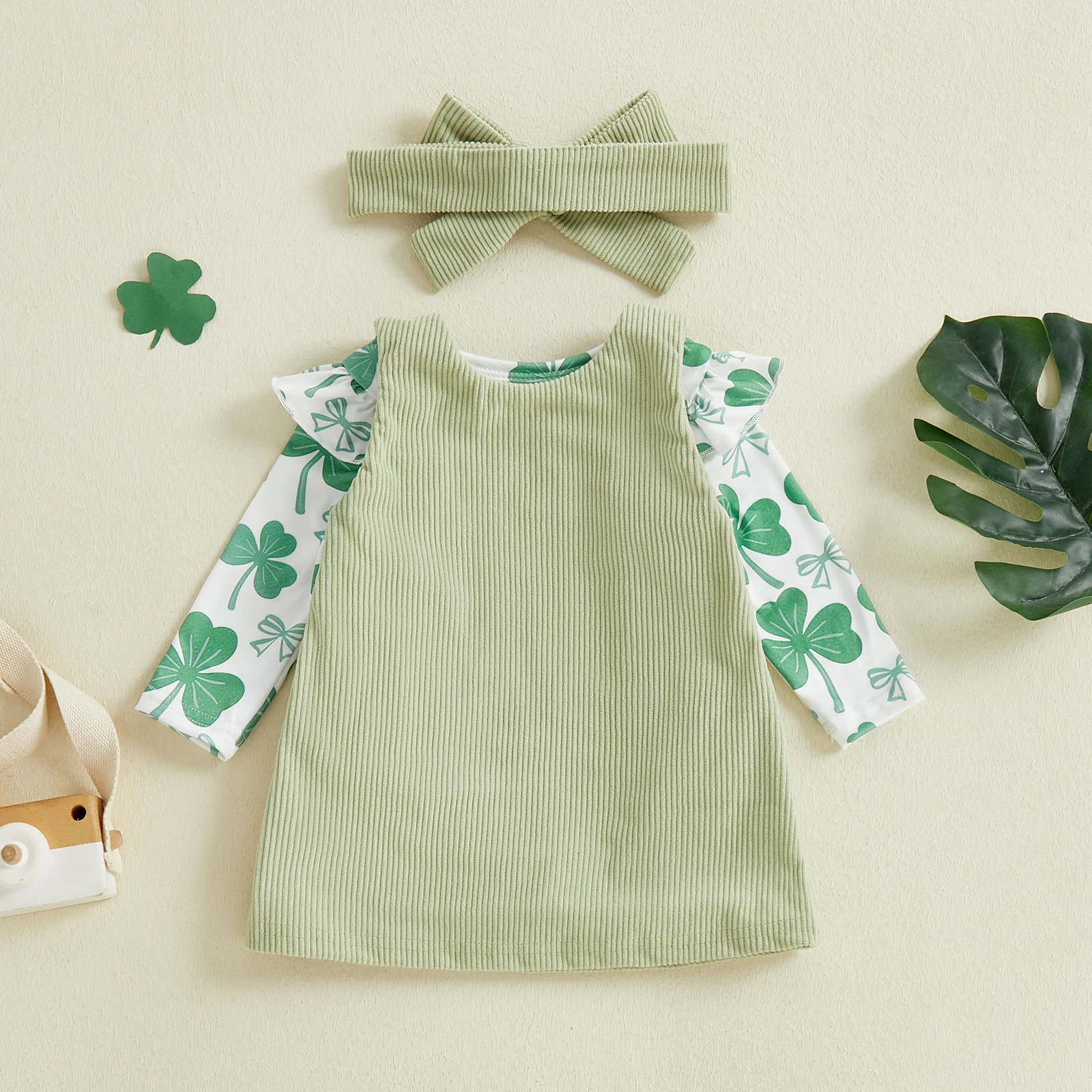Infant Baby Girl Irish Clothing Set Cute Long Sleeve Shamrock Printed Romper with Dress, Headband 3Pcs Outfit