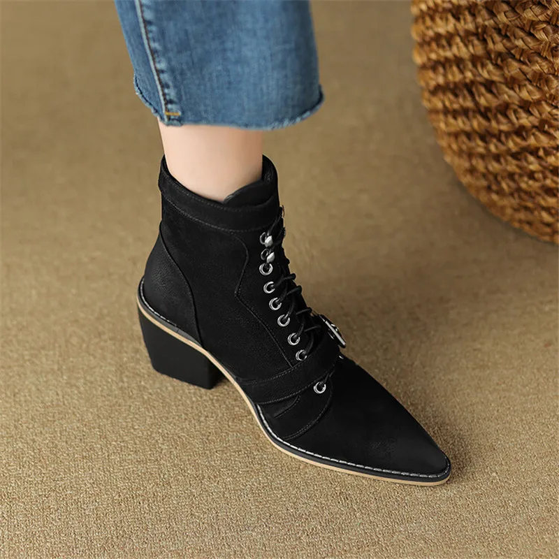 New Autumn/winter Genuine Leather Women Boot Pointed Toe Shoes Fashion Belt Buckle Short Boots for Women Handmade Large Size