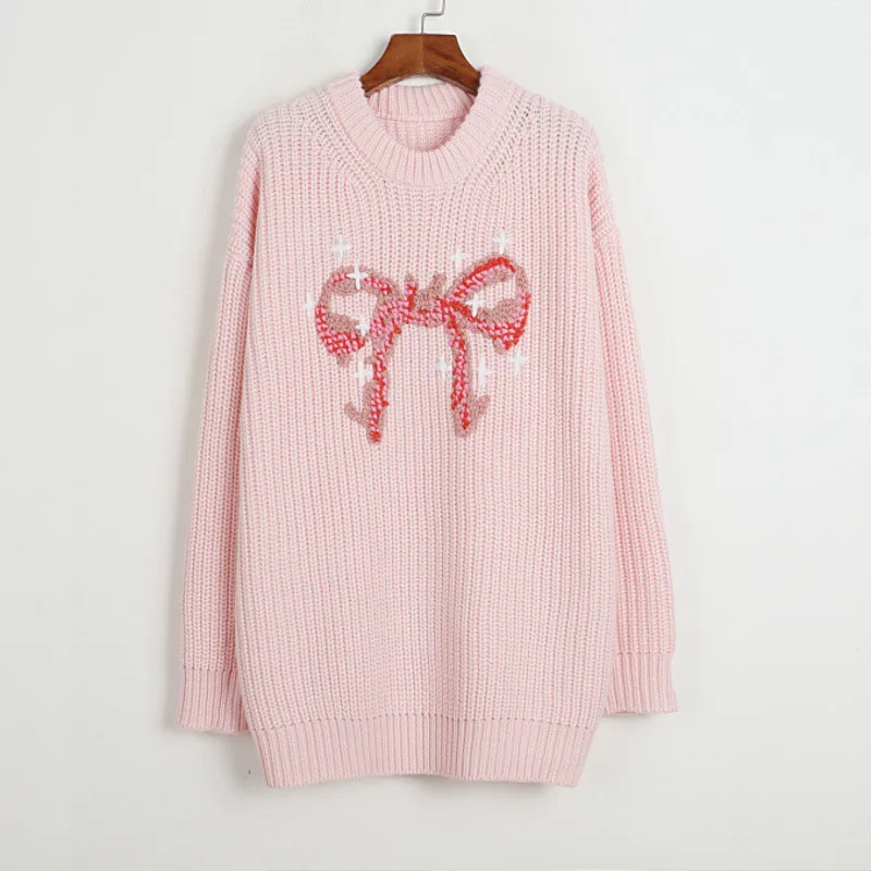 [ZOCI] Version Plus Size Thick Needle Sweater, Thickened Autumn Winter Style, Hand Embroidered Bow, Loose Age