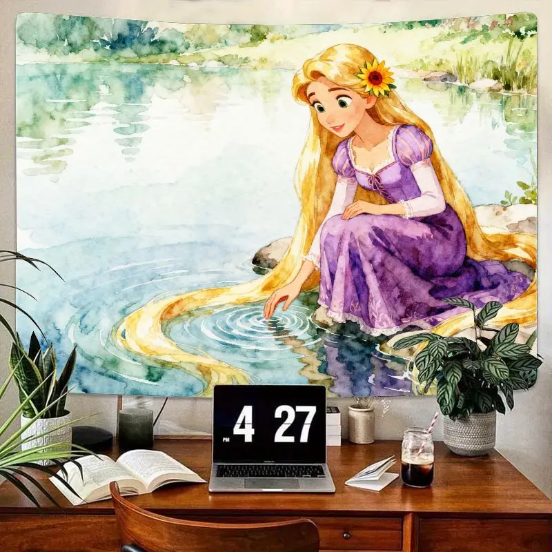 

1PC Rapunzel Princess Watercolor Tapestry, Fairy Tale Golden Hair Purple Dress Wall Art for Kids Girl Bedroom Dorm Living Room D