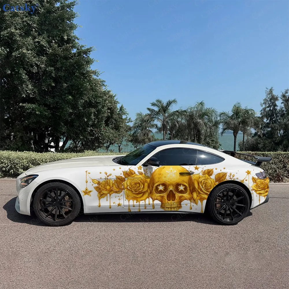 2pcs Golden Gilded Skull & Rose Car Side Wraps, Self-Adhesive PVC Waterproof & Scratch-Resistant Stickers, Car Accessory Gift