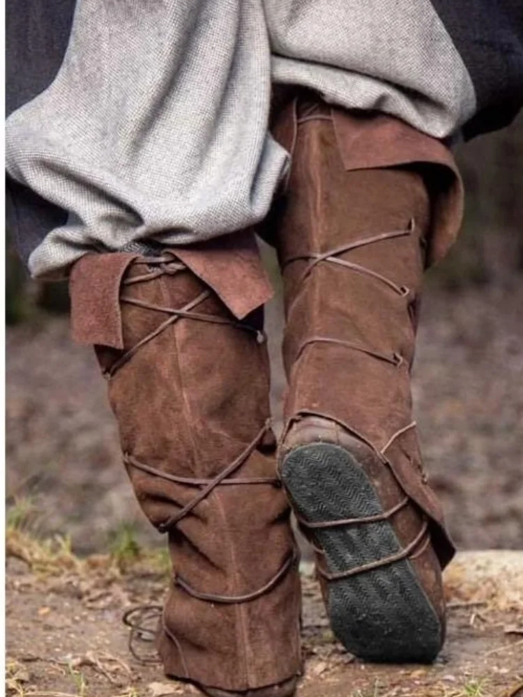 Mittelalterliche Wikinger-Ritter Lederbeinschutz Steampunk Stiefel Schuhüberzüge Erwachsenen-Rollenspiel-Kostüm Riemchen-Hochstiefel Requisiten 2025 – Detail 3