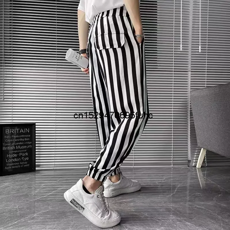 Striped Casual Trousers Men\'s Thin Cropped Pants Trendy Brand 2024 New Ruffian Handsome Ice Silk Men\'s Harun Pants All-match