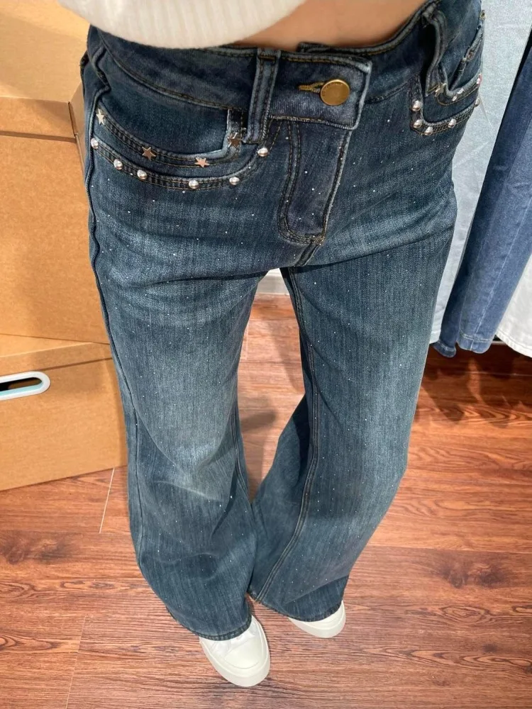 Y2K Gothic Embroidery Diamonds Denim Pants Harajuku Retro Hip Hop Low Waist Jeans Women 2000s Fashion Hot Girl Straight Trousers