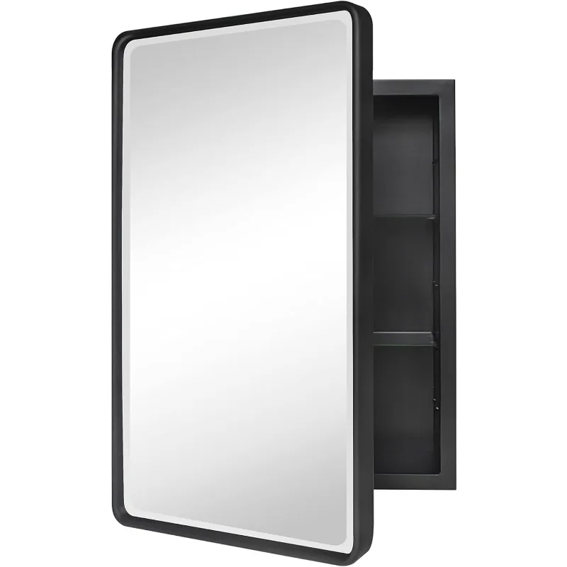 TEHOME Farmhouse Black Metal Framed Recessed Bathroom Medicine Cabinet with Beveled Mirror Rounded Rectangle Bathroom Medicine C