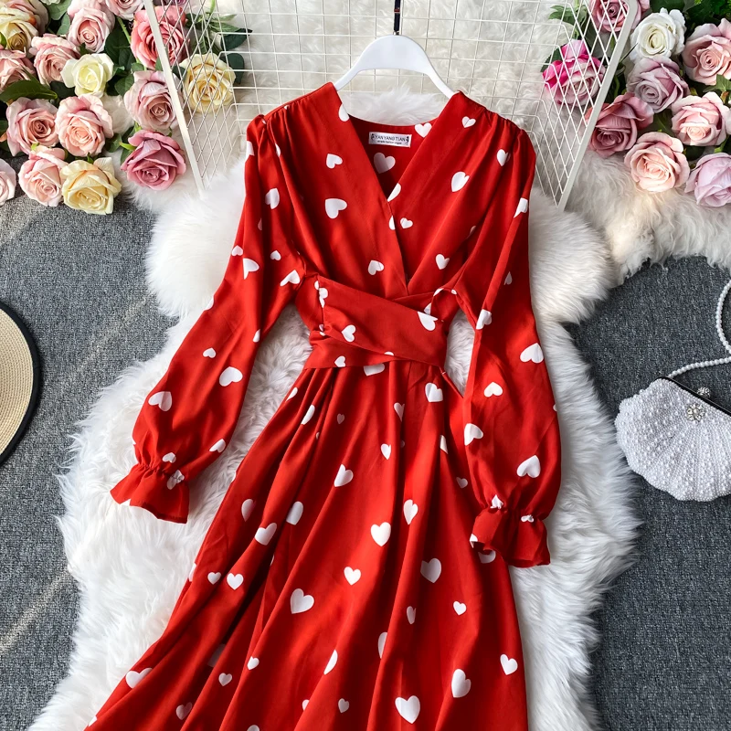 YuooMuoo 2023 New Autumn Romantic Heart Print Women Dress Elegant Bandage Long Sleeve Big Swing Party Vestidos Ladies Vestidos
