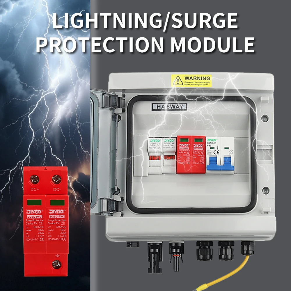 PV Combiner Box DC 500V 1 Input 1 Output With Surge Lightning Protection DC Fuse MCB SPD Solar Photovoltaic IP65 Waterproof Box