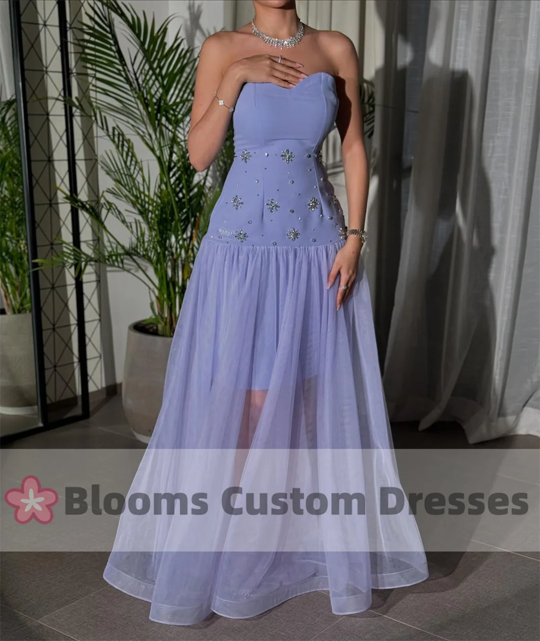 Blooms Beaded Rhinestone Customized Evening Dresses For Special Occasion Tulle Crepe Saudi Party Gown Formal Prom Dress