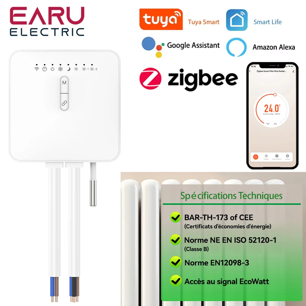 Tuya ZigBee Smart Thermostat Remote Control for Pilot Wire Heating Radiator with Ecowatt Electricity Monitoring Compatible