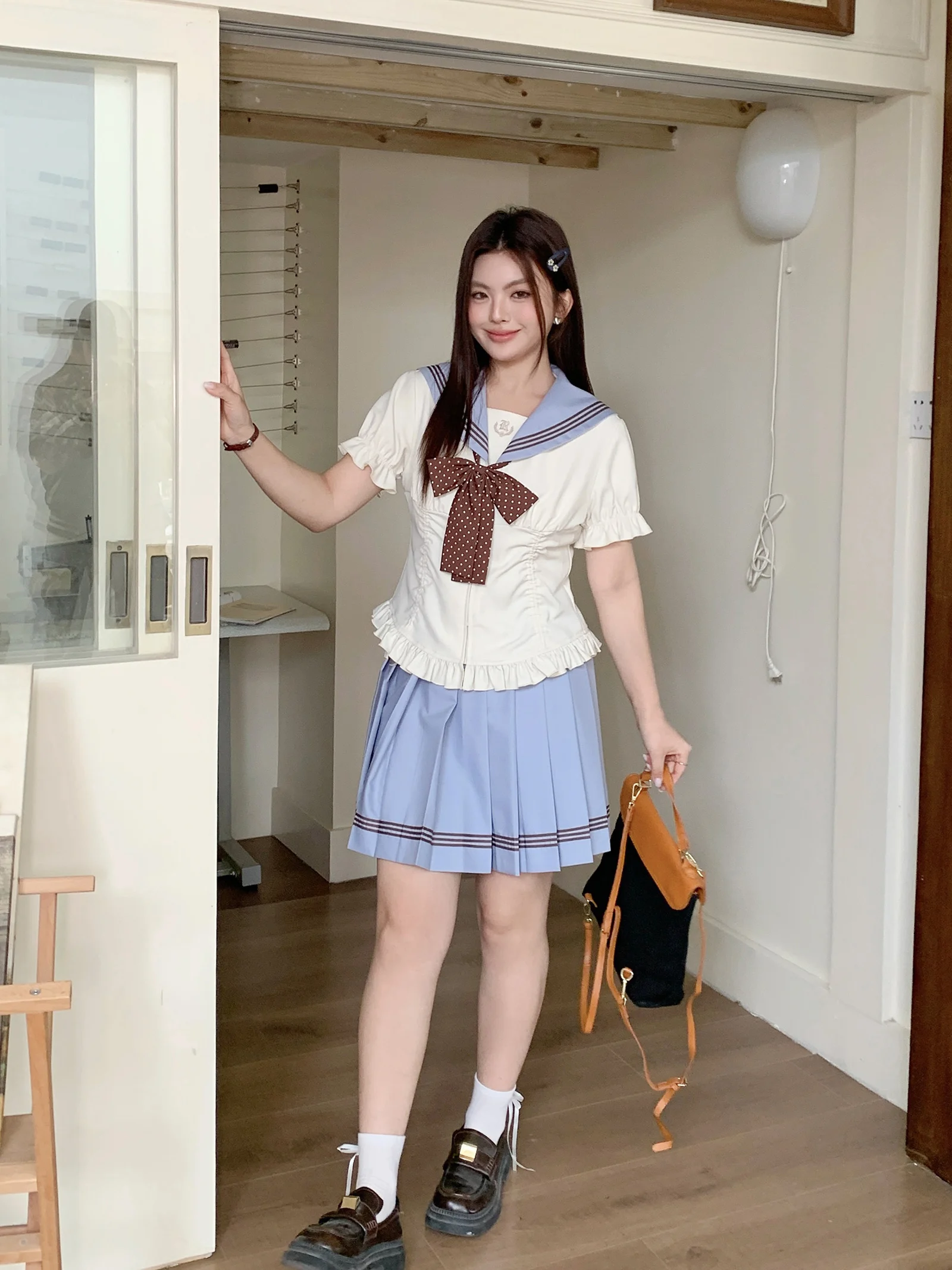 

plus Size Sailor Suit Set Women's Pleated Skirt High Waist Sweet Style Summer Fashion Casual Wear Short Sleeve Open Card...