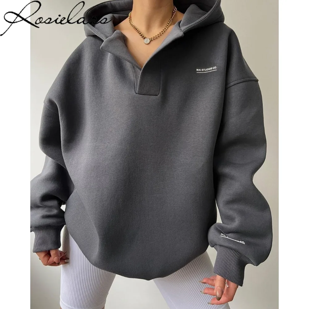 2024 New Long Sleeve Basic Oversized Hoodies V-neck Fleece Sweatshirt Hoodie Zip Up Hoodie Winter Clothes Women K Pop Streetwear