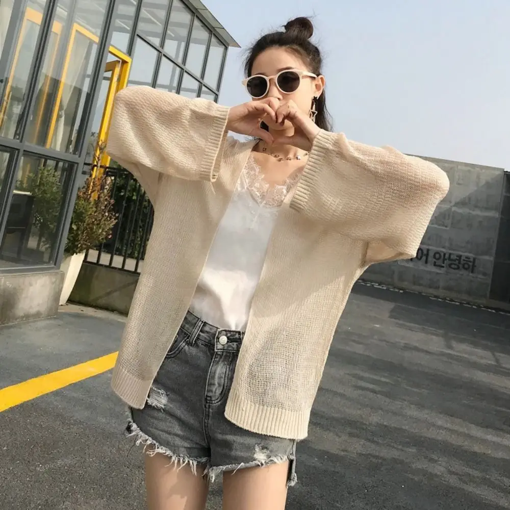

Simple See Through Hollow Crochet Cardigan Thin Long Sleeves Knitted Crochet Top Beach Wear Shawl Sun Protection Top Beach