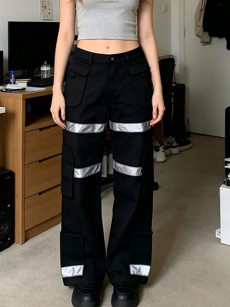 

2026 new subculture high arcade style loose straight casual pants with reflective plaid decorative strip and pockets for girls