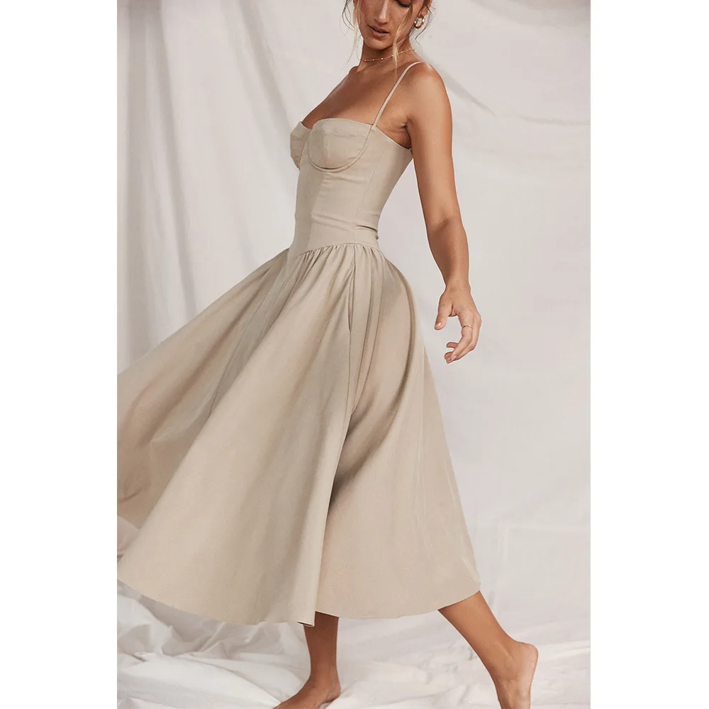 Sommer Frauen elegante ärmellose rücken freie Falten kleider Dame sexy feste Schlinge Midi-Kleid 2024 weibliche Party Abend A-Linie Roben – Detail 7