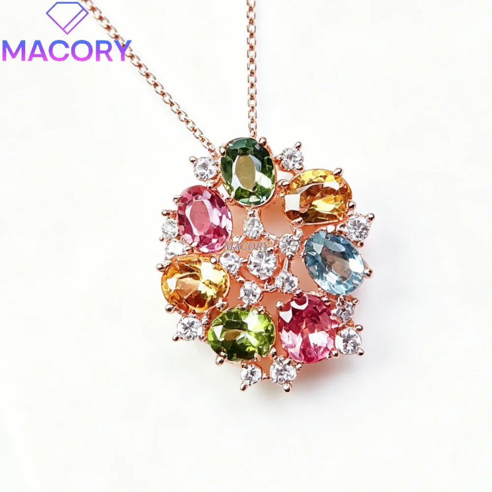 Natural tourmaline pendant necklace S925 sterling silver bright colors simple style romantic and lively great for everyday wear