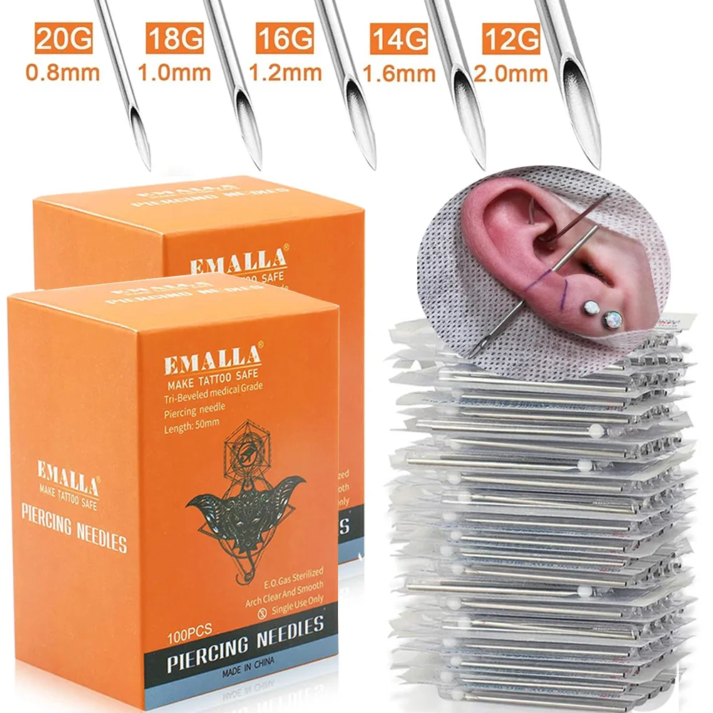 200/100/5pcs EMALLA Piercing Needles 12G 14G 16G 18G 20G Body Piercing Needle for Navel Nipple Ear Nose Piercing Tattoo Puncture