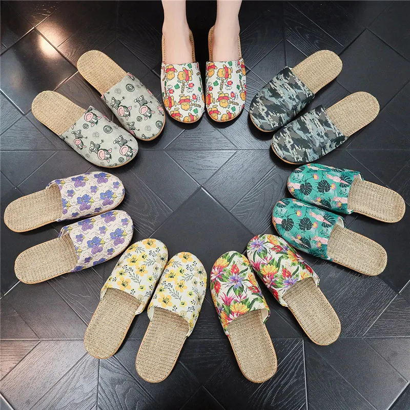 

New Women's Printed Bag Toe Exposed Linen Slippers Comfortable Breathablenon Slip Girl Boy Home Slippers for All Seasons