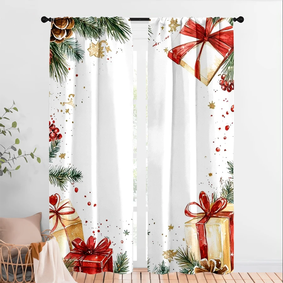 2PCS Digital Print Curtains, Watercolor Pine Branches Pinecones Gift Boxes Red Berries Gold Stars Border, Elegant Festive Style